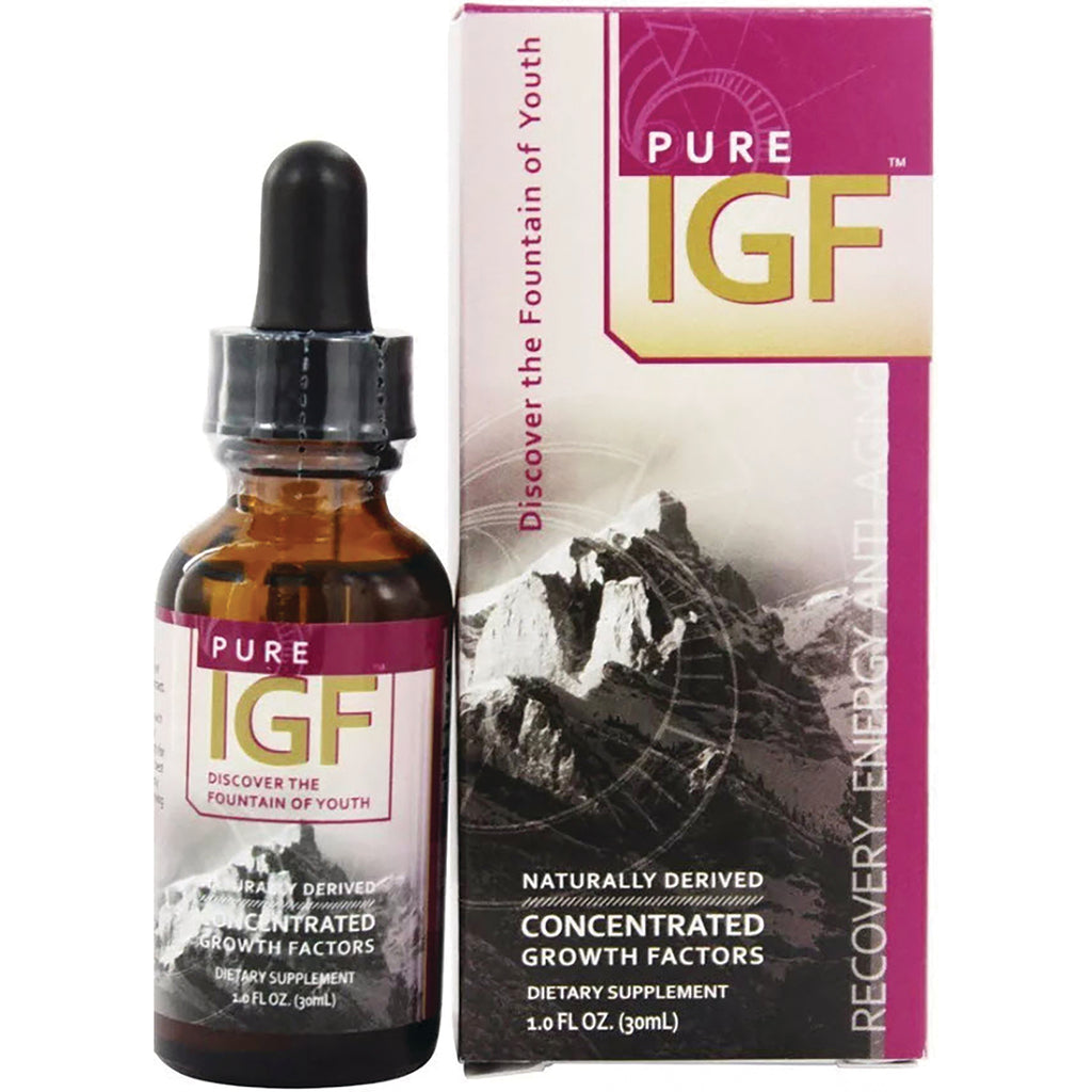 PSL005 | Amber dropper bottle and matching box labeled PURE IGF Concentrated Growth Factors dietary supplement - Thumbnail