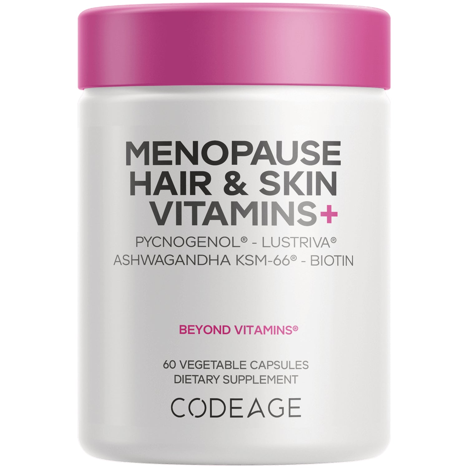 CDG060 | White supplement bottle with pink lid labeled MENOPAUSE HAIR & SKIN VITAMINS+ and CODEAGE branding