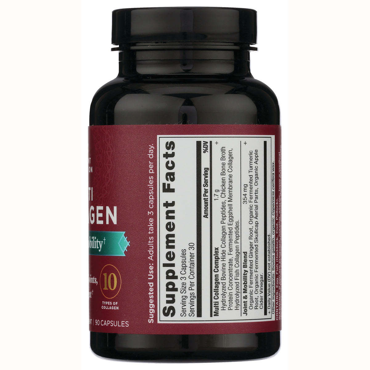 ATN065 | Back of dark supplement bottle showing Supplement Facts panel, serving size and suggested use text