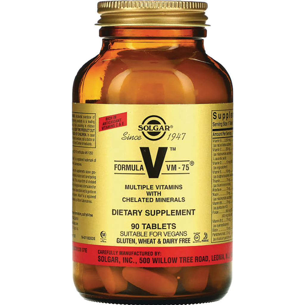 SLG223 | Amber glass bottle of Solgar Formula VM-75 multiple vitamins with yellow label and gold cap, 90 tablets - Thumbnail