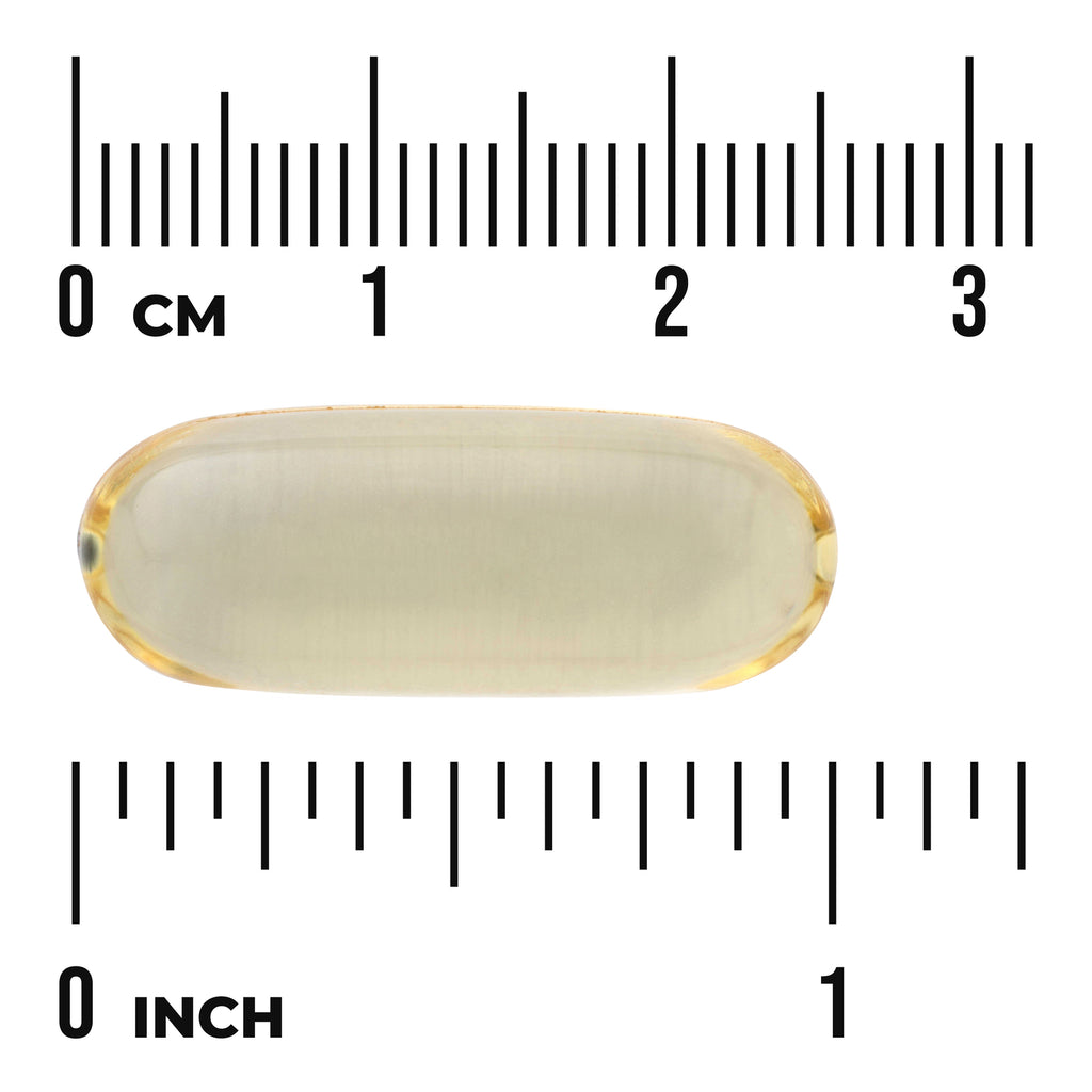 SWE011 | Clear softgel capsule shown against rulers with 03 cm and 01 inch markings to show size - Thumbnail