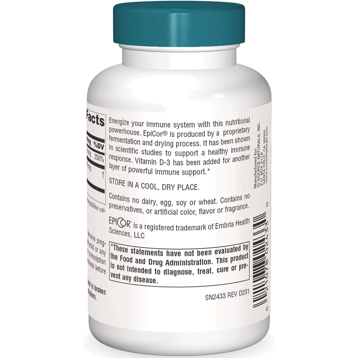 SN424 | Supplement bottle back label with directions, allergy info, FDA disclaimer, and barcode