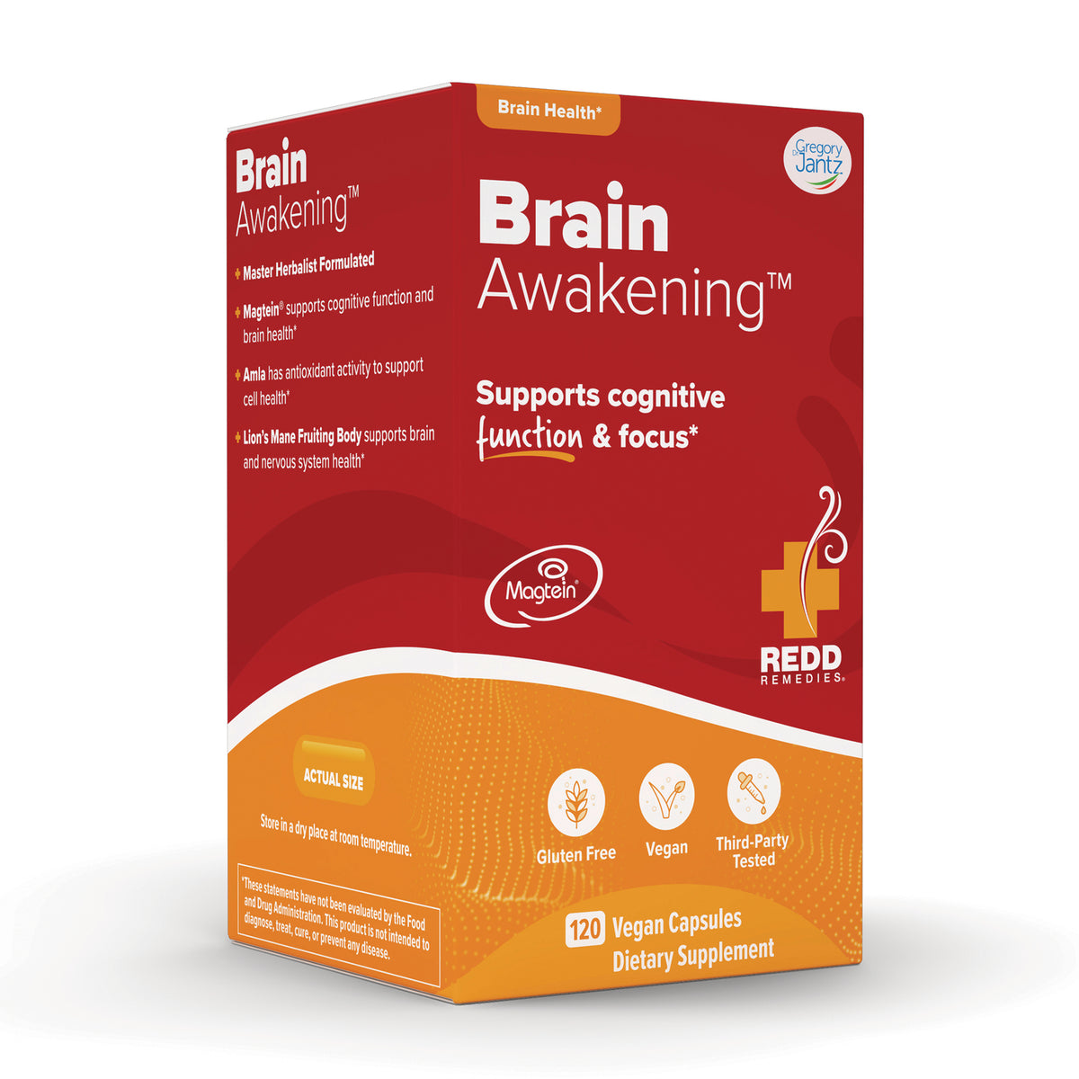 RED018 | Brain Awakening front box, red and orange packaging for 120 vegan capsules dietary supplement