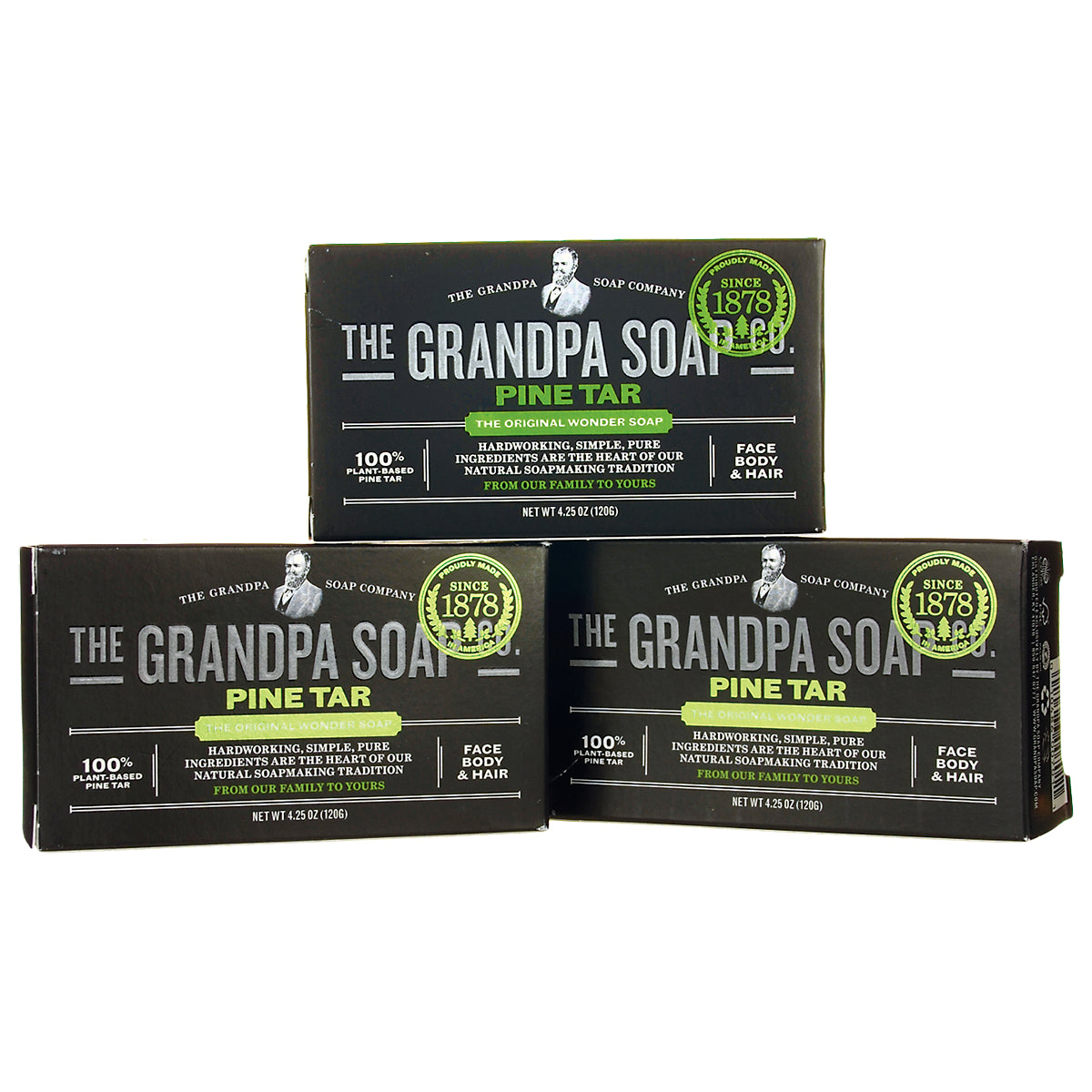 GP013 | Three stacked boxes of THE GRANDPA SOAP PINE TAR, black packaging with green accents