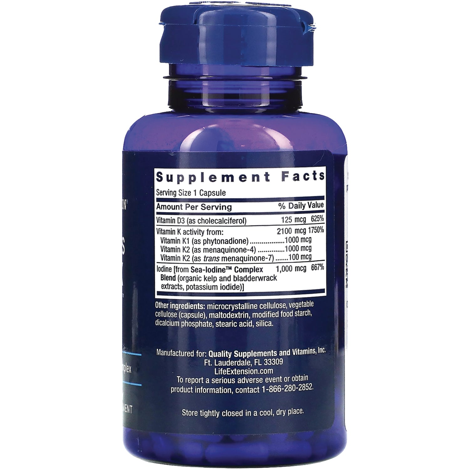LE438 | Back of blue supplement bottle showing Supplement Facts panel and ingredient list