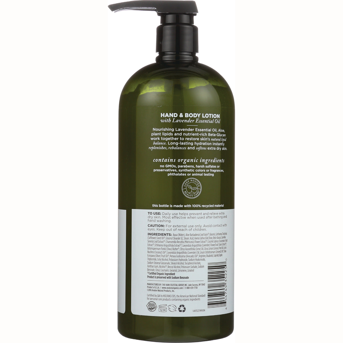 AVL037 | back label of green hand and body lotion bottle with ingredients, directions, and barcode visible