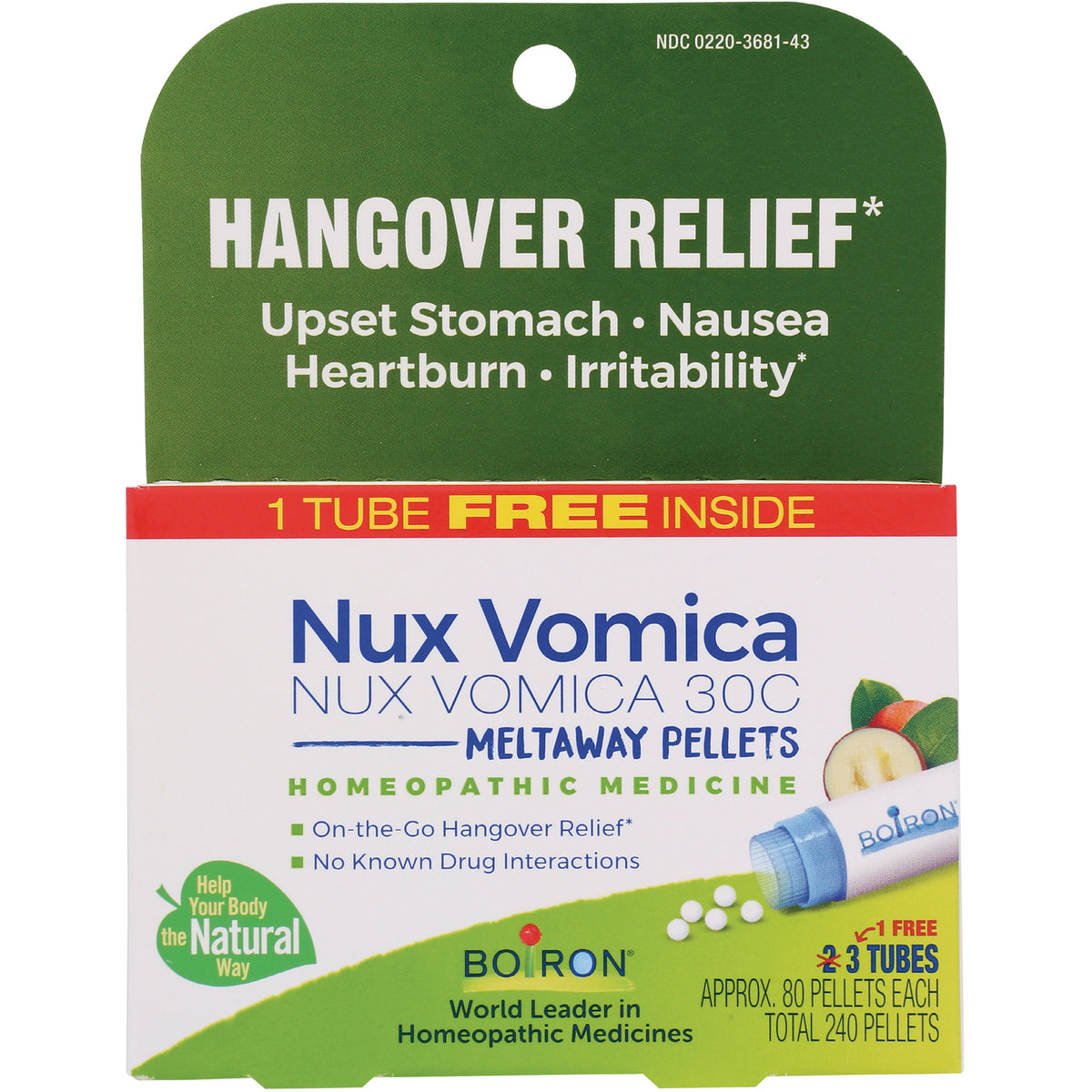 BRN089 | Box of Nux Vomica 30C meltaway homeopathic pellets labeled Hangover Relief showing tube and pellets