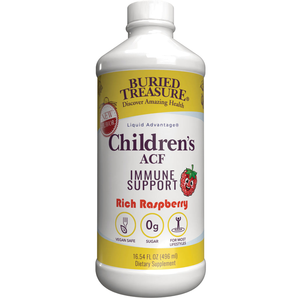 BTR016 | Buried Treasure Children's ACF Immune Support liquid supplement Rich Raspberry 16.54 fl oz front label - Thumbnail