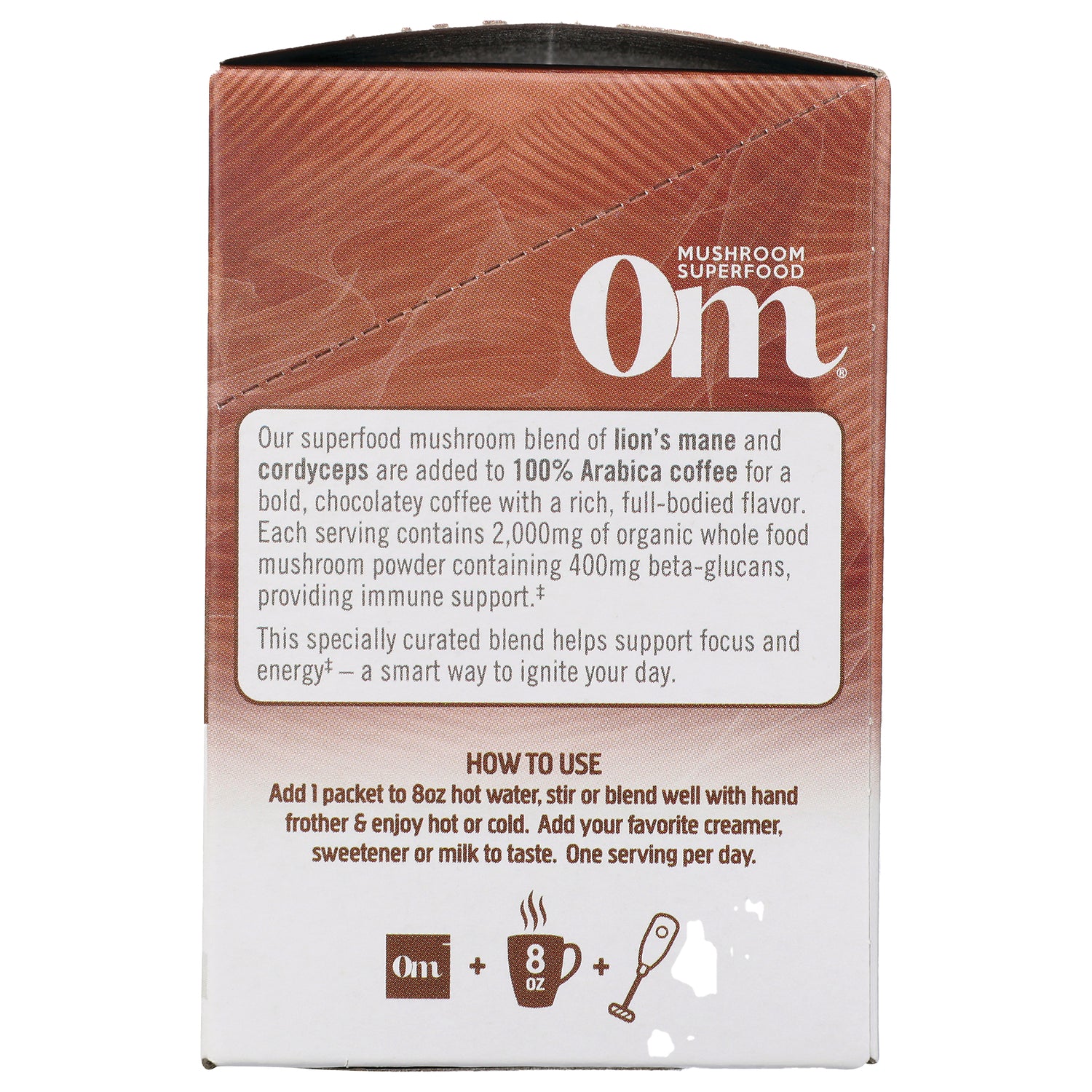MMX035 | Back of Om mushroom superfood box showing product description, ingredients and how to use instructions