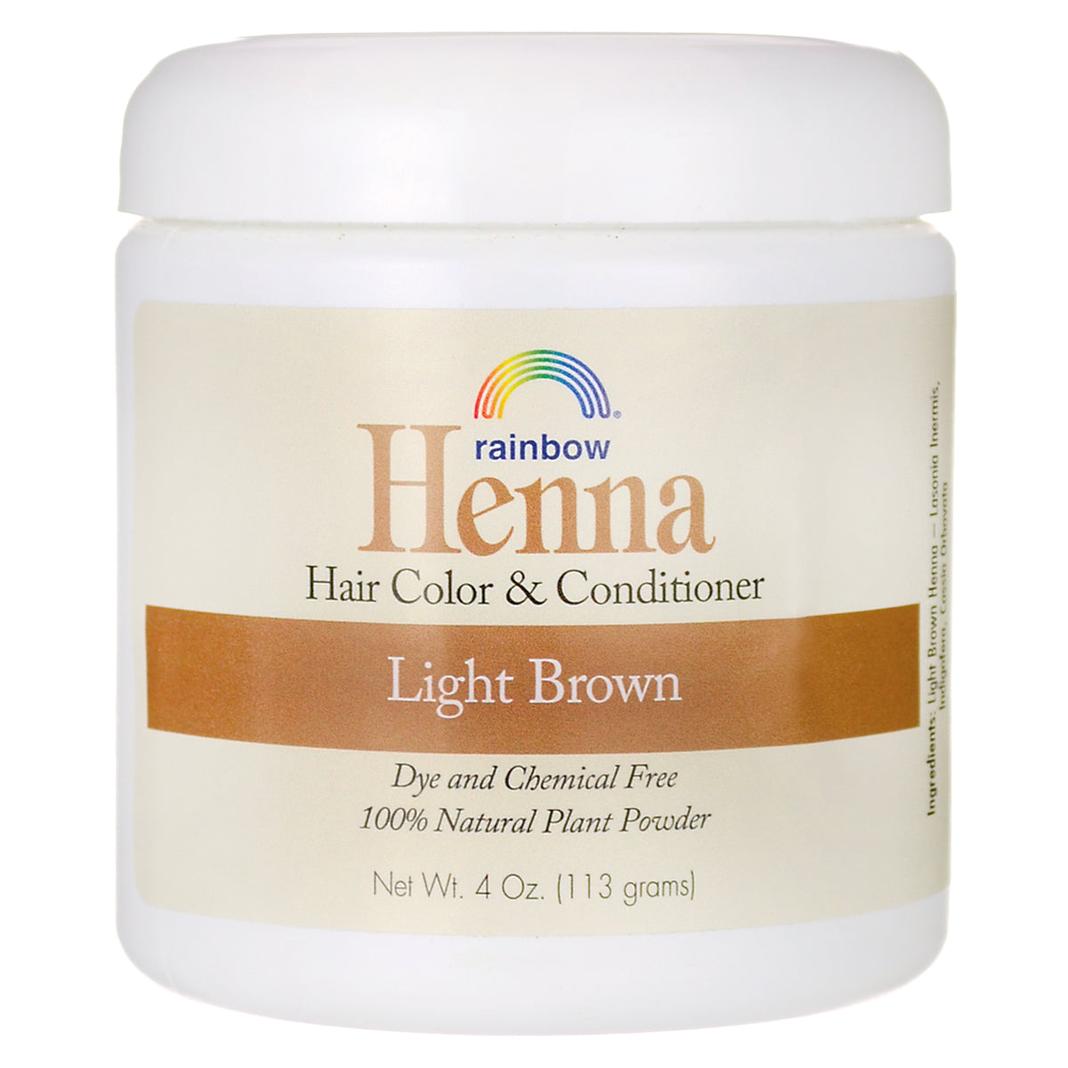 RBR006 | Rainbow Henna hair color and conditioner jar labeled Light Brown, 4 oz, dye and chemical free