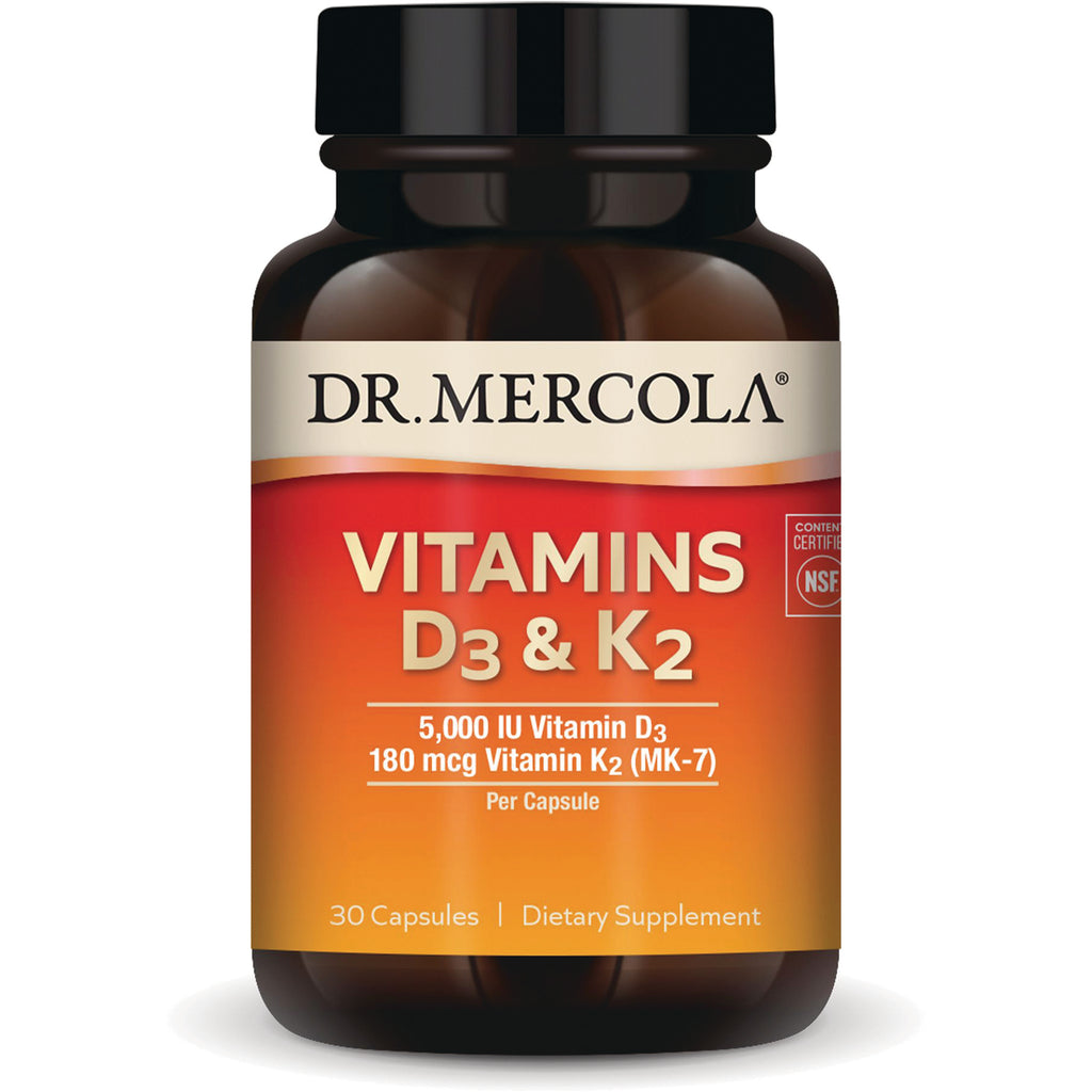 MRC085 | Dr. Mercola Vitamins D3 & K2 supplement bottle, 30 capsules, 5,000 IU D3 and 180 mcg K2 per capsule - Thumbnail