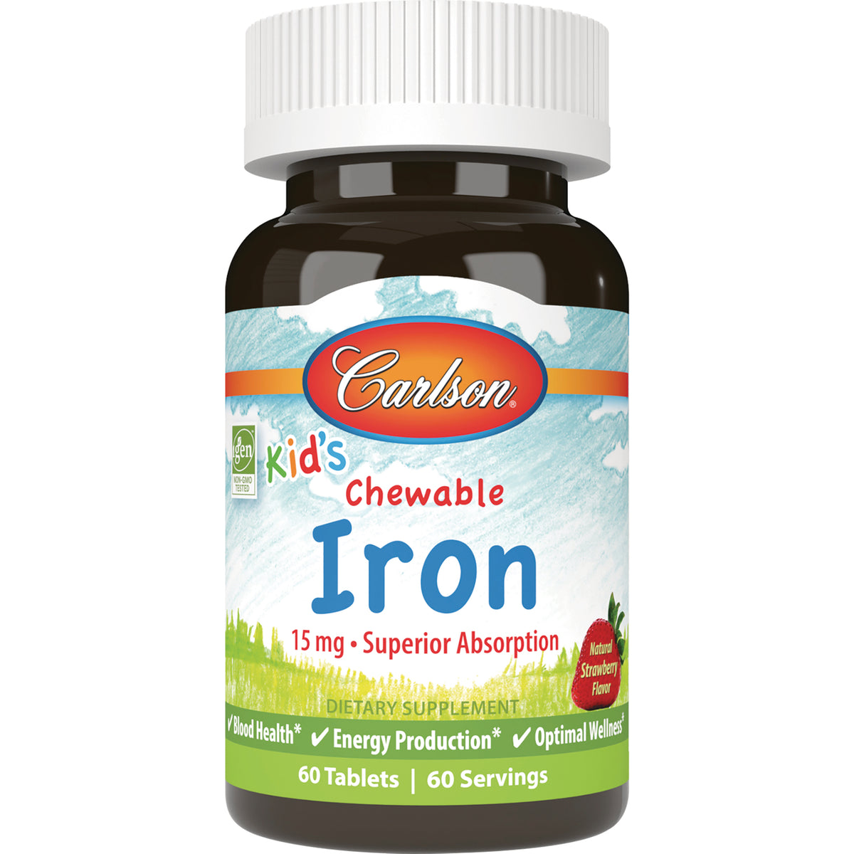 CSN296 | Carlson Kids Chewable Iron 15 mg natural strawberry flavor bottle, 60 tablets front label