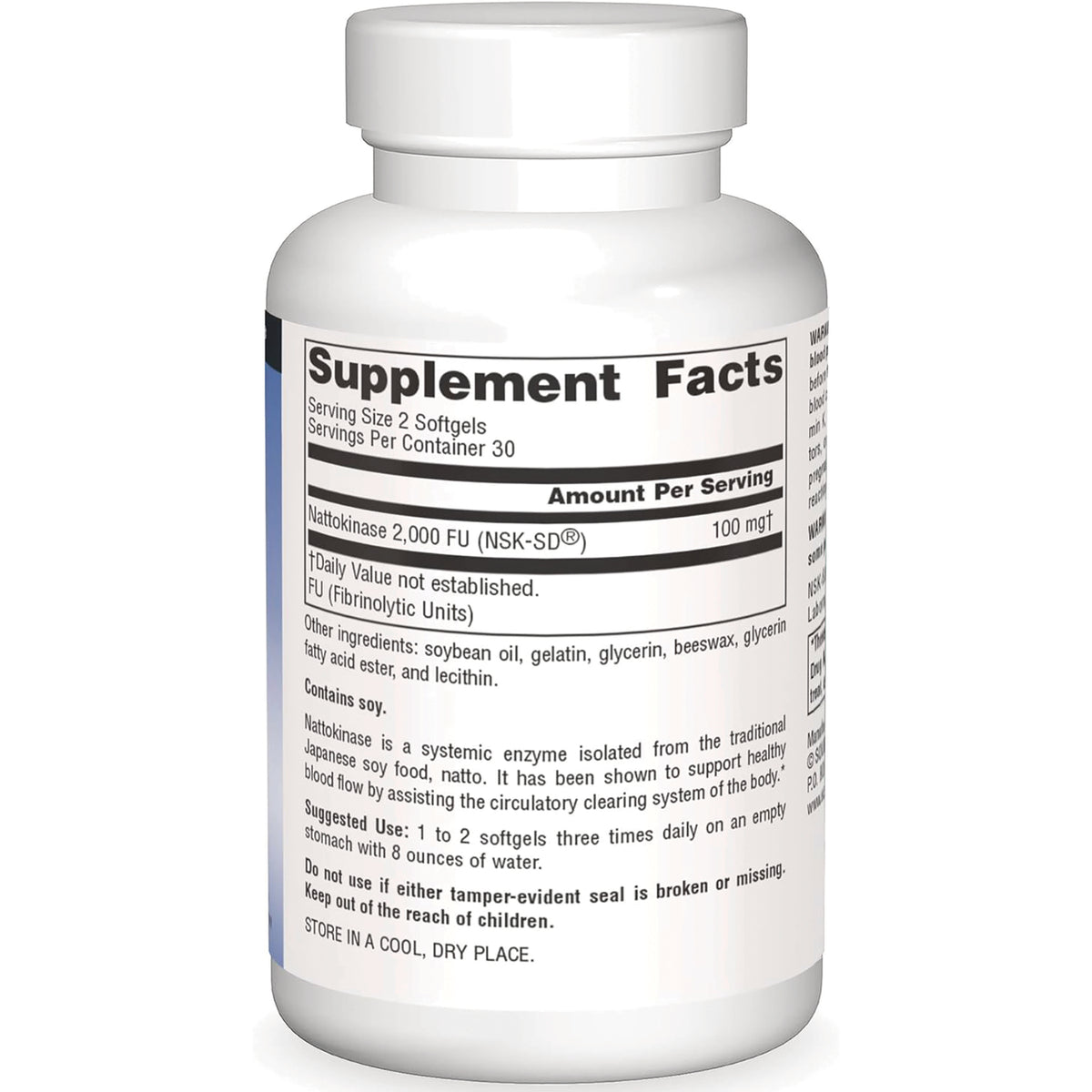 SN357 | Back label with Supplement Facts for Nattokinase 2,000 FU (NSK-SD) and other ingredients