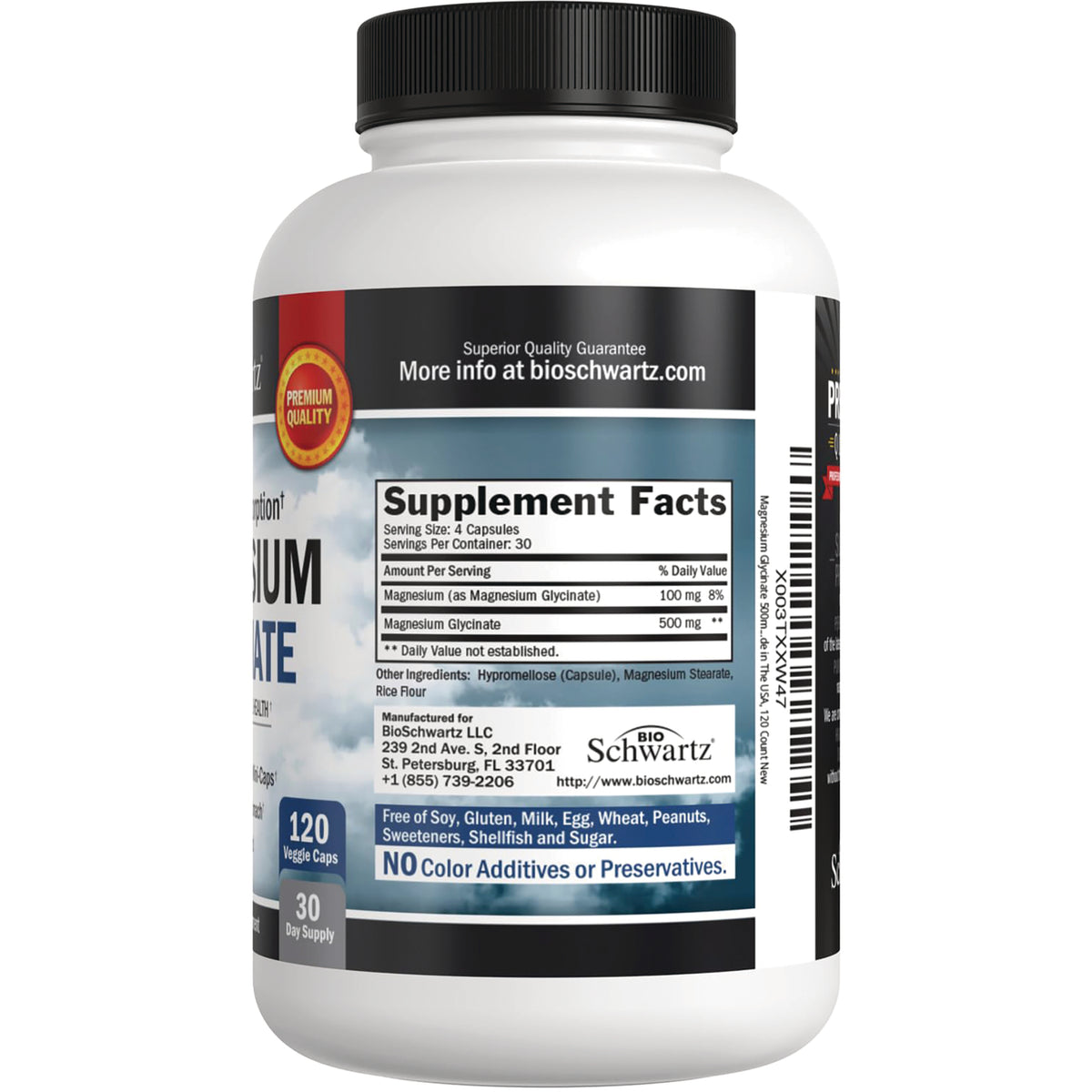 BSZ025 | Back label with Supplement Facts for magnesium glycinate, serving size 4 capsules, 120 veggie caps, 30 day supply