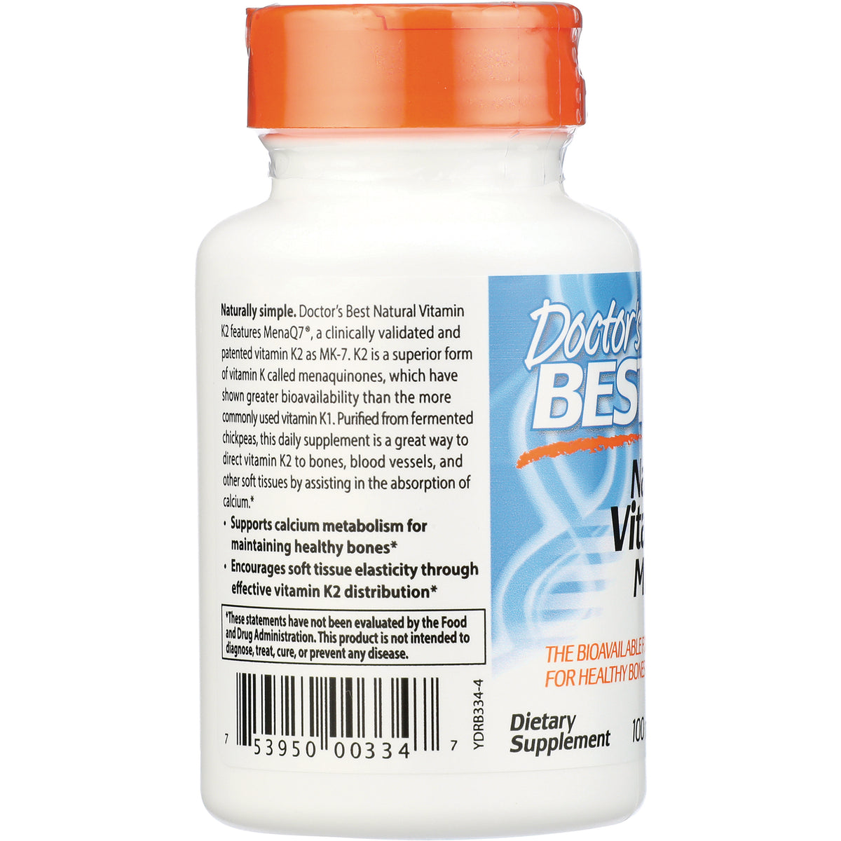 DB243 | Back of white supplement bottle showing ingredient text, usage claims and barcode