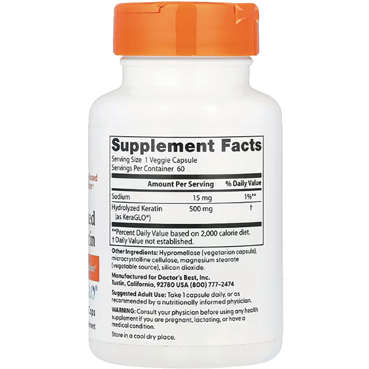 DB280 | bottle back showing Supplement Facts label listing Hydrolyzed Keratin 500 mg and serving size 1 veggie capsule