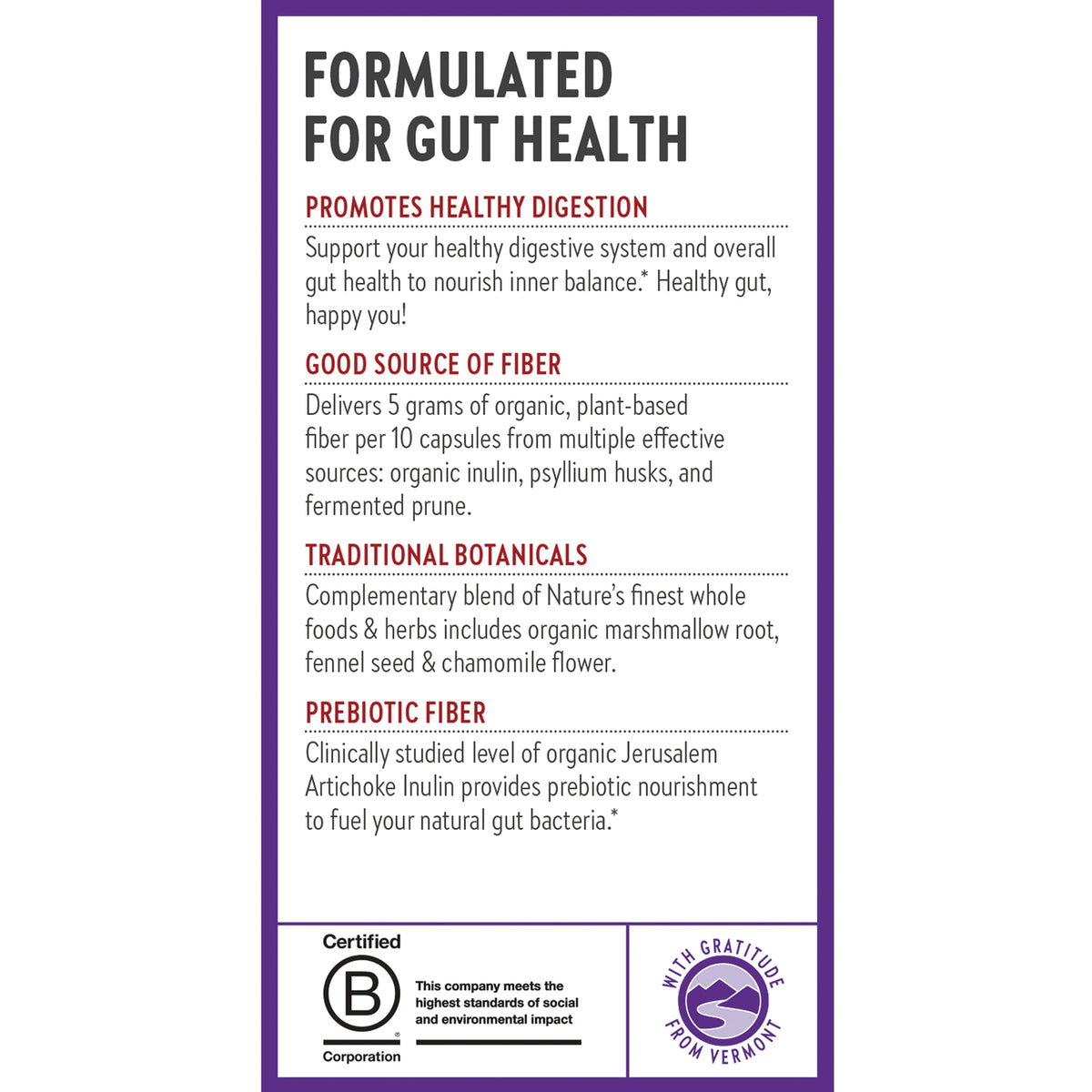 NWC399 | Formulated for gut health infographic with digestion, fiber, botanicals, and prebiotic benefits