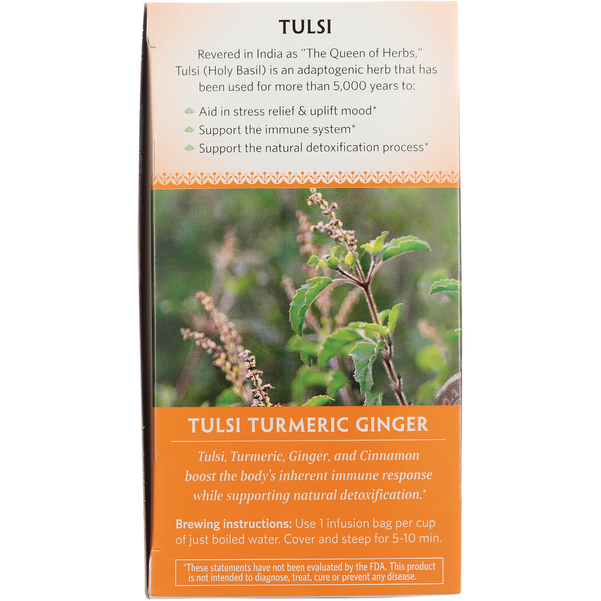 RGN074 | Back of Tulsi Turmeric Ginger tea box showing plant photo, brewing instructions, and product benefits