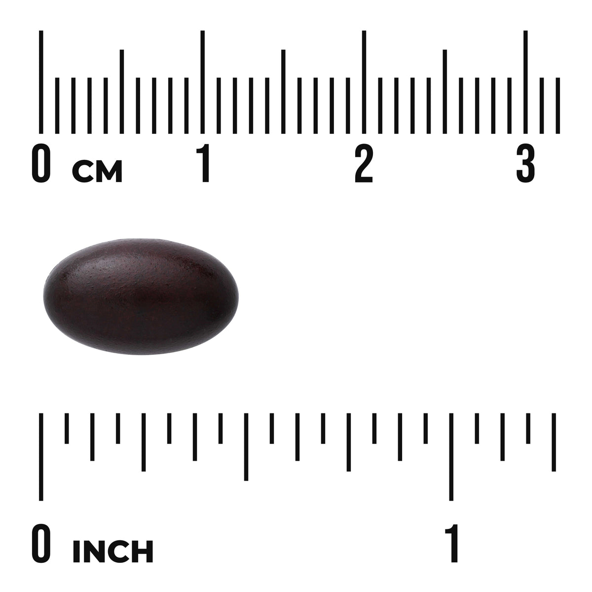SW904 | Dark oval softgel shown to scale with rulers labeled 0 cm and 0 inch