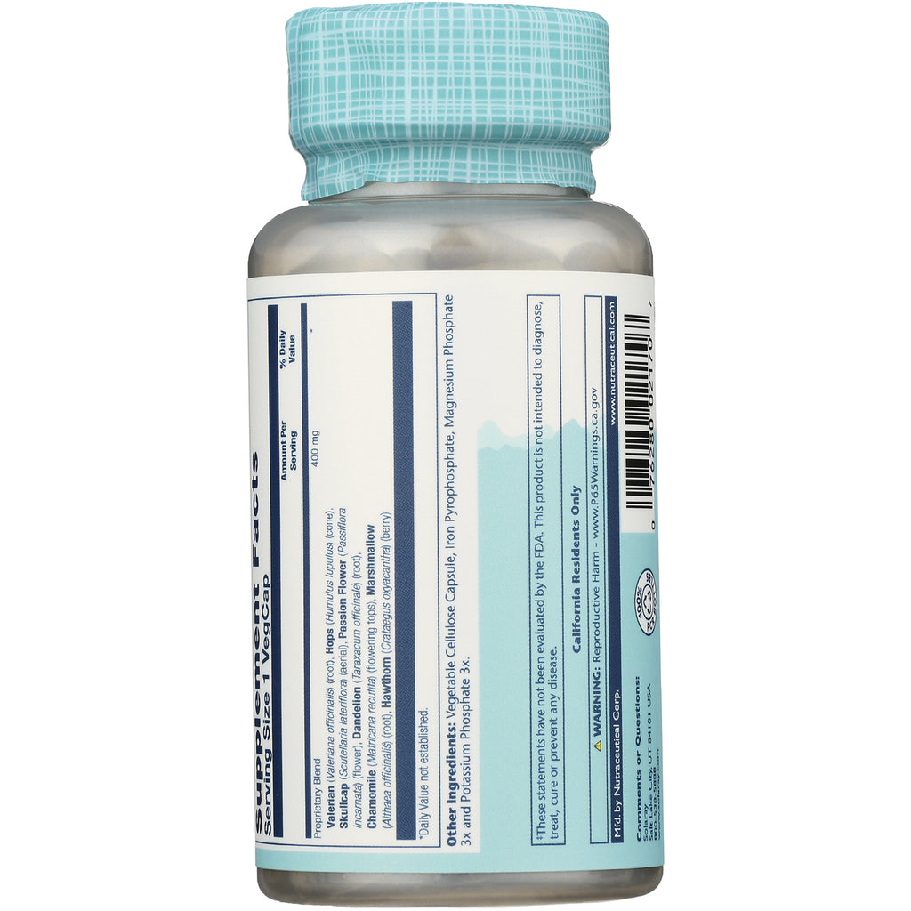 SLR222 | back of white supplement bottle showing nutrition facts panel, ingredients list, barcode and teal patterned cap - Thumbnail