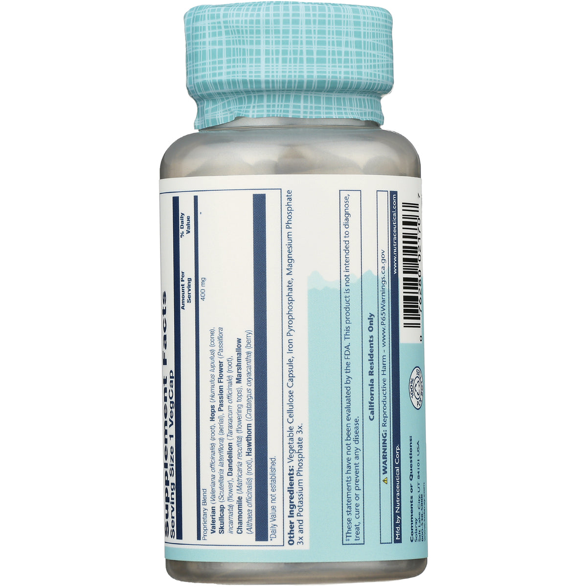 SLR222 | back of white supplement bottle showing nutrition facts panel, ingredients list, barcode and teal patterned cap