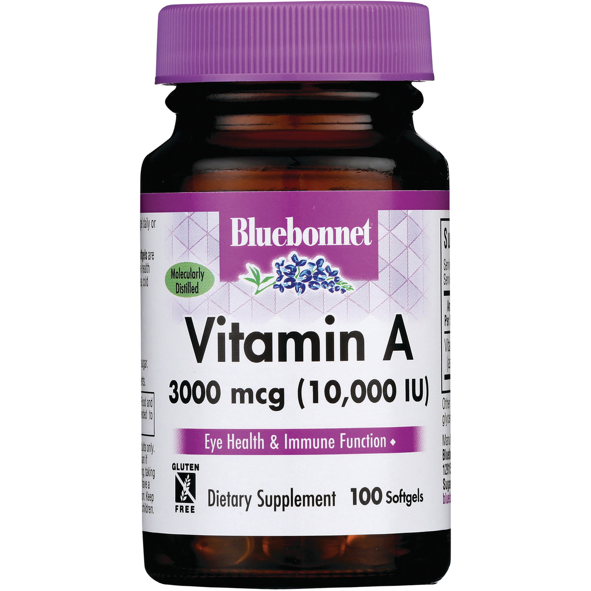 BLU121 | Bluebonnet Vitamin A bottle front label 3000 mcg (10,000 IU), eye health & immune function, 100 softgels