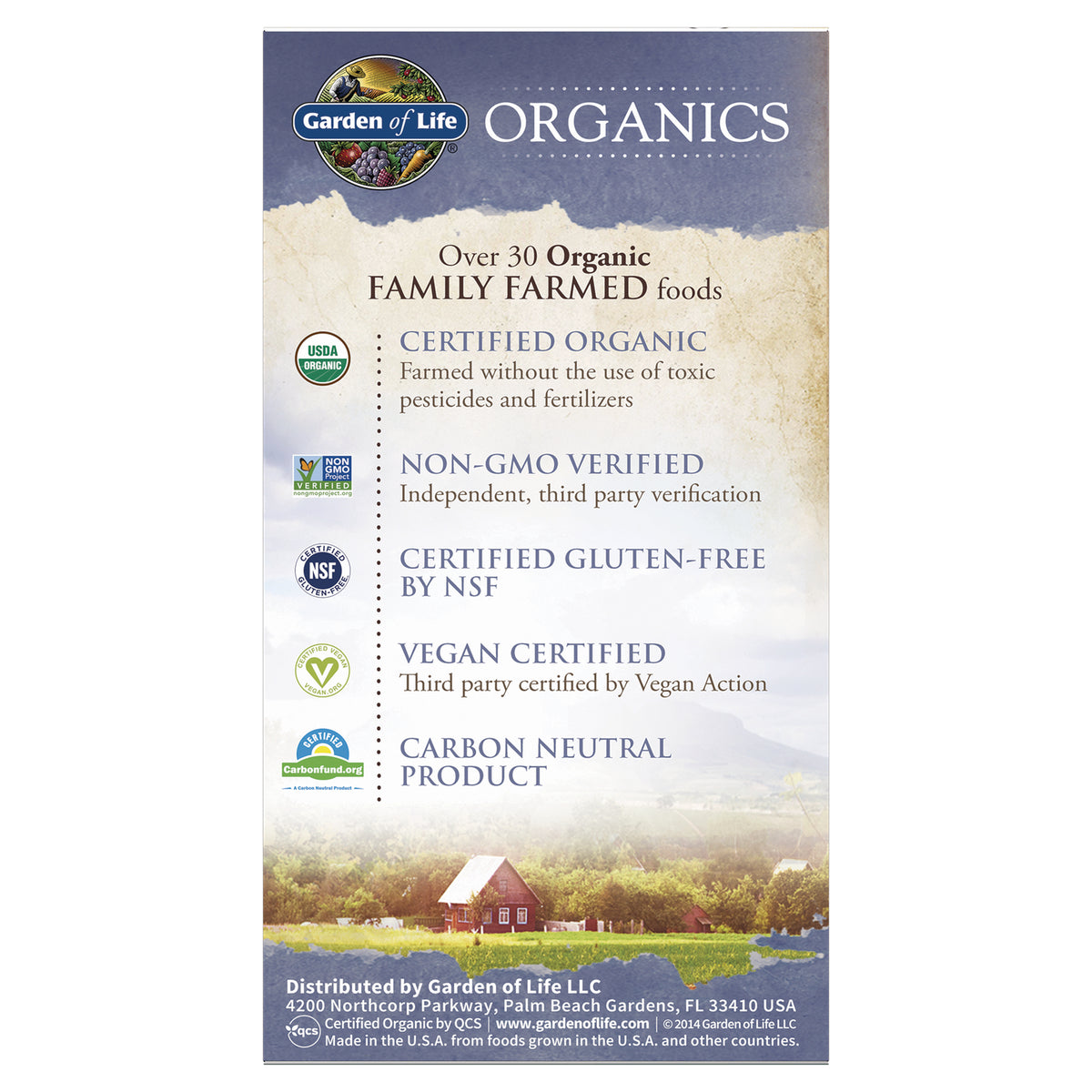 GLF183 | Back panel listing certified organic, non-GMO, certified gluten-free, vegan certified, and carbon neutral claims