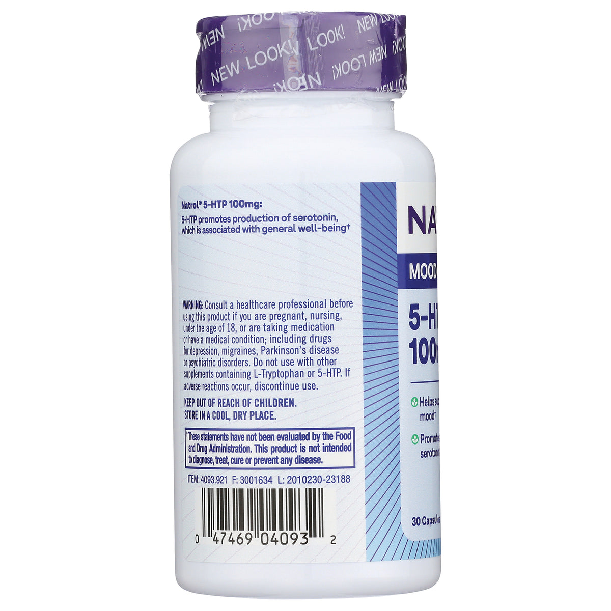 NA332 | Back of white supplement bottle showing warning text, barcode, and partial 5-HTP 100mg label