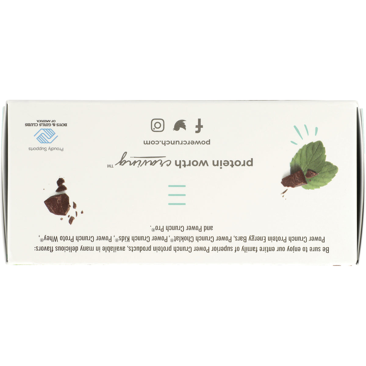 BNR011 | Back of white product box with mint leaf and chocolate graphics and ingredient text