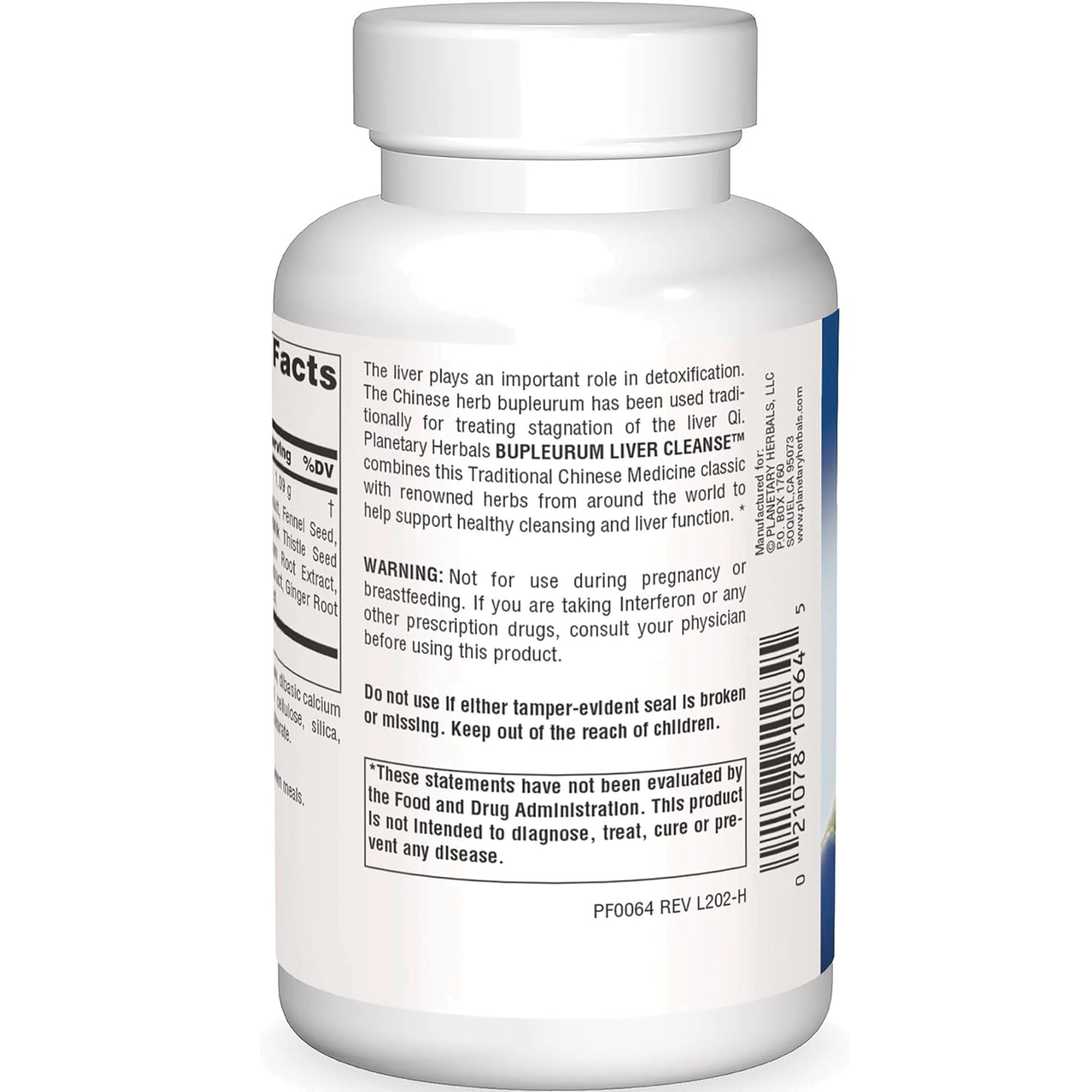 PF042 | Back of white supplement bottle showing warning text, barcode, and partial supplement facts