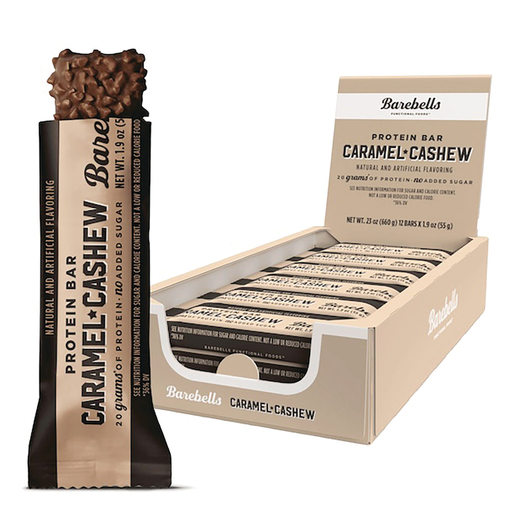 BAE001 | Barebells Caramel Cashew protein bar with chocolate and nuts beside an open display box of bars - Thumbnail