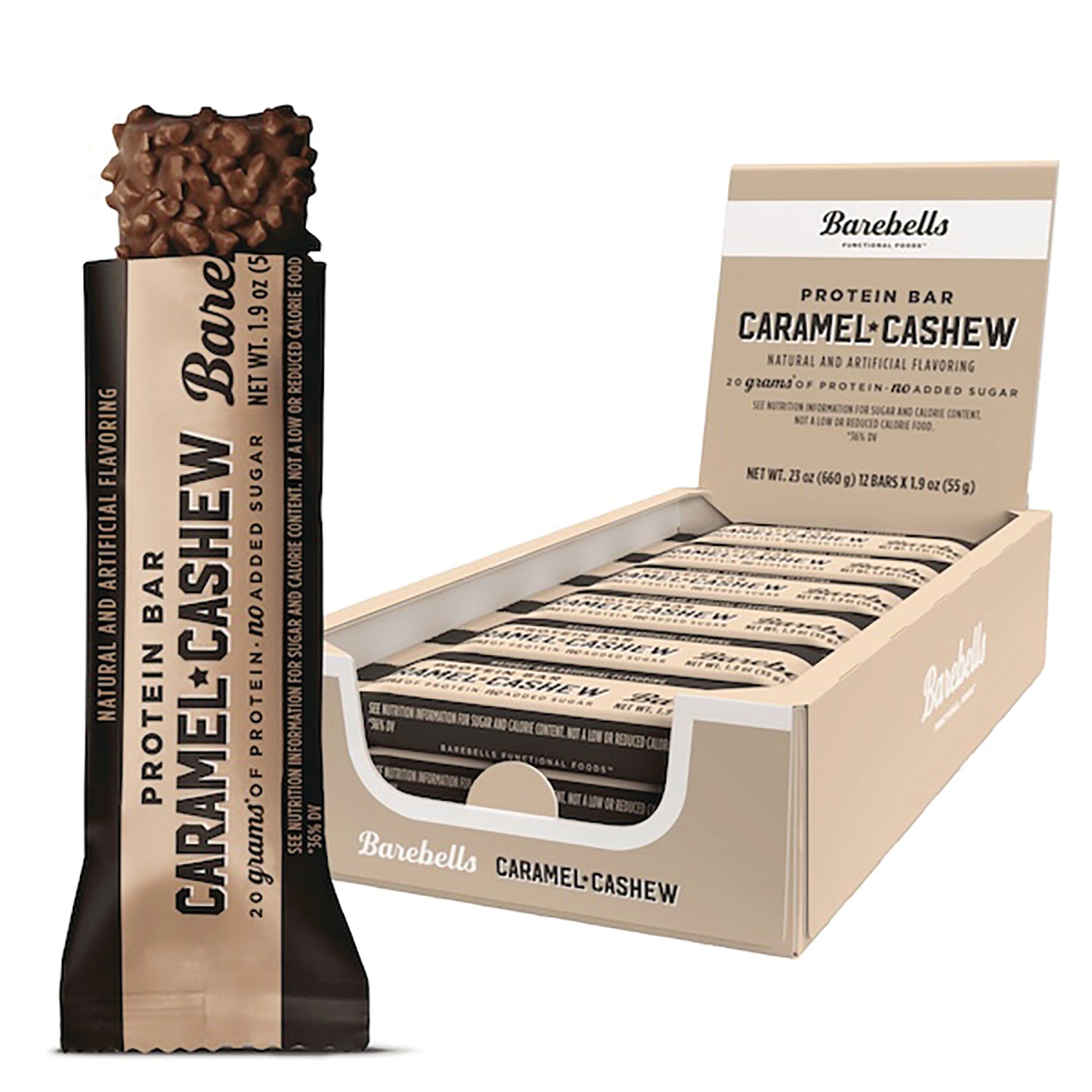 BAE001 | Barebells Caramel Cashew protein bar with chocolate and nuts beside an open display box of bars