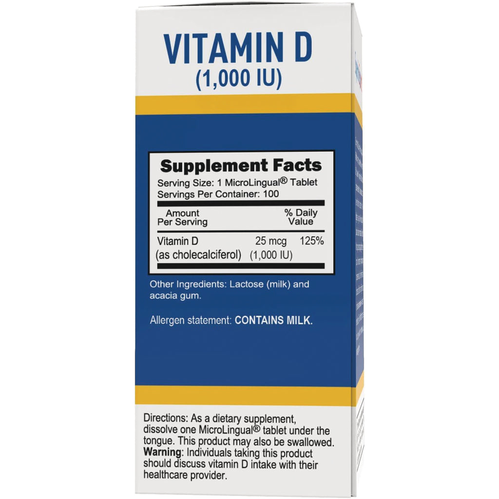 SUS015 | Vitamin D 1,000 IU box back with Supplement Facts: 25 mcg per tablet (100 servings); allergen: contains milk - Thumbnail
