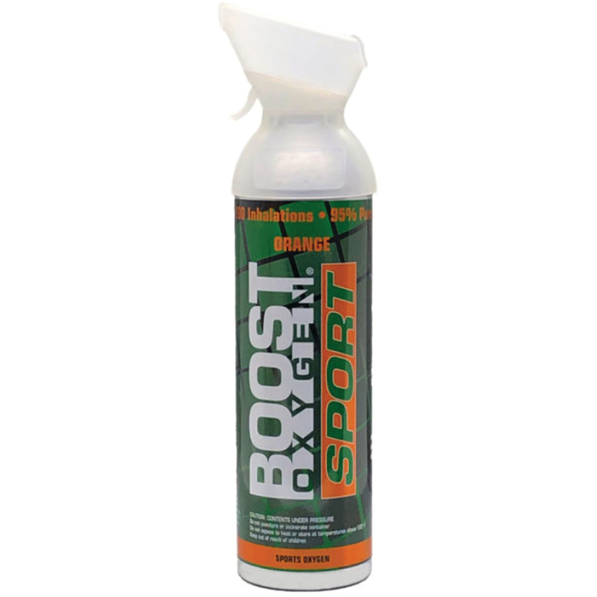 BXY006 | Boost Oxygen Sport canister with white mouthpiece, green label reading ORANGE and SPORT