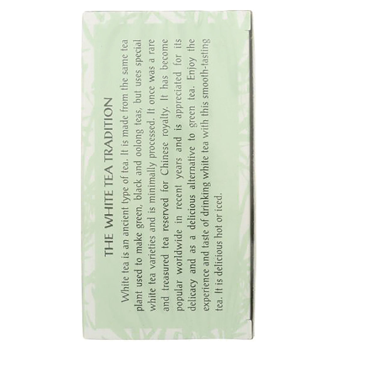 TLT007 | Back of white tea box showing 'THE WHITE TEA TRADITION' header and product story on light green panel