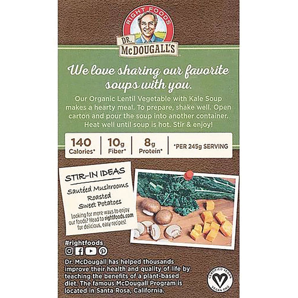 DMD011 | Back of Dr. McDougall's Lentil Vegetable with Kale soup carton showing nutrition 140 calories, 10g fiber, 8g protein and stir-in ideas - Thumbnail
