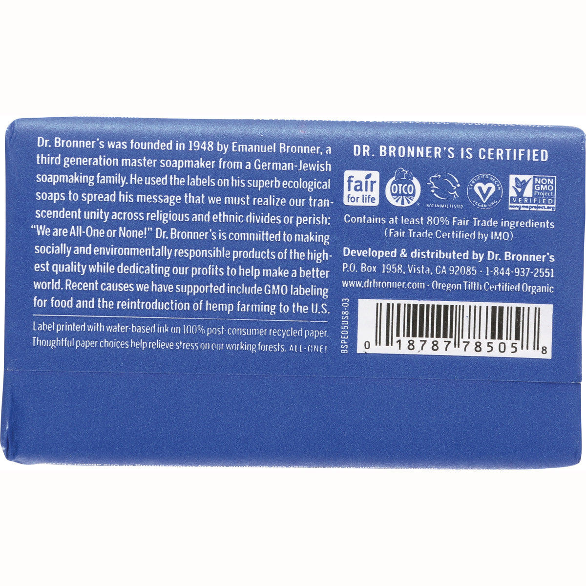 DRB004 | back of blue Dr. Bronner's soap wrapper showing certification logos, product text and barcode