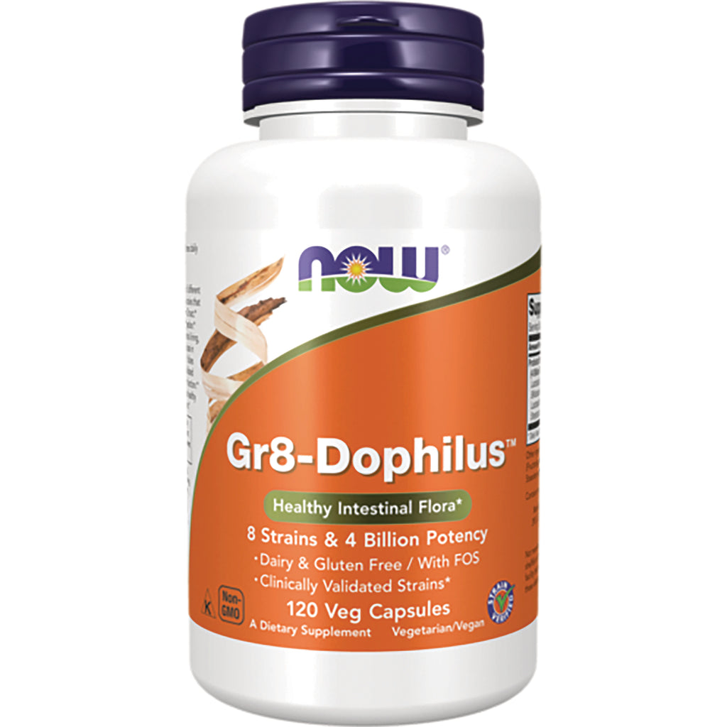 NWF753 | NOW Gr8-Dophilus supplement bottle with orange label showing 120 veg capsules and 8 strains 4 billion potency - Thumbnail