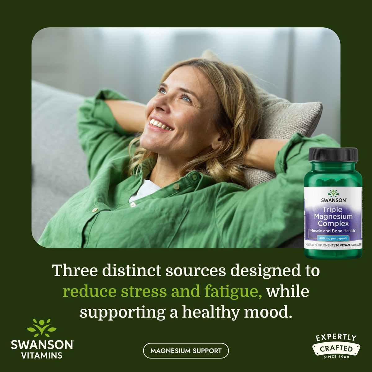SW1243 | Woman relaxing on a couch beside Swanson Triple Magnesium Complex bottle with magnesium support message