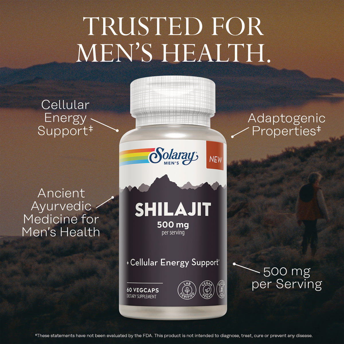 SLR534 | Solaray men's Shilajit 500 mg bottle with callouts for cellular energy support and adaptogenic properties