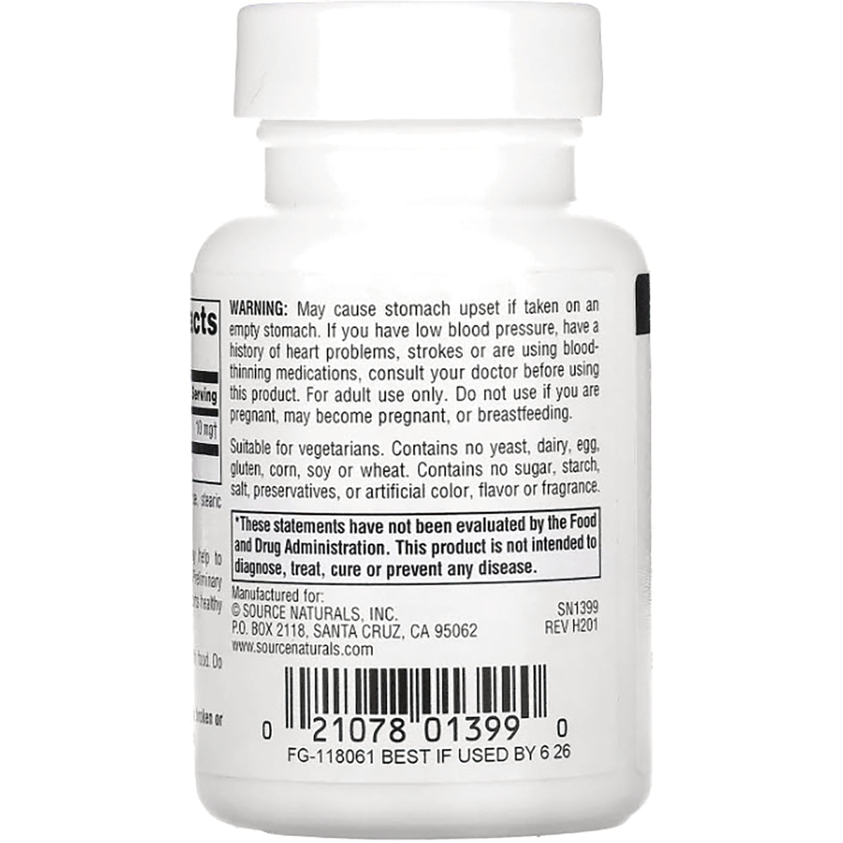 SN140 | Back of white supplement bottle showing warning text, manufacturer information and barcode