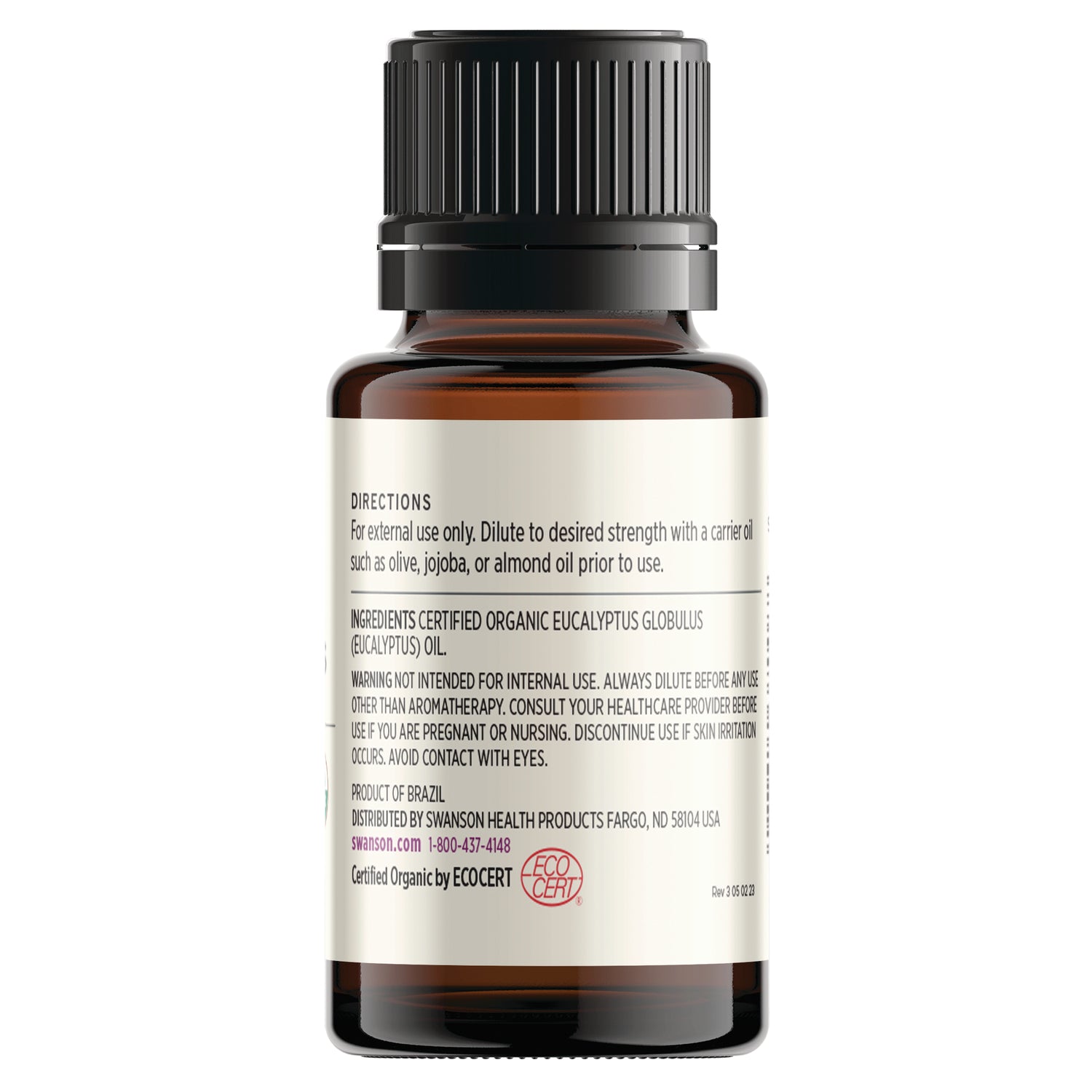 SWAR008 | Back label of eucalyptus essential oil bottle showing directions, ingredients, and warnings