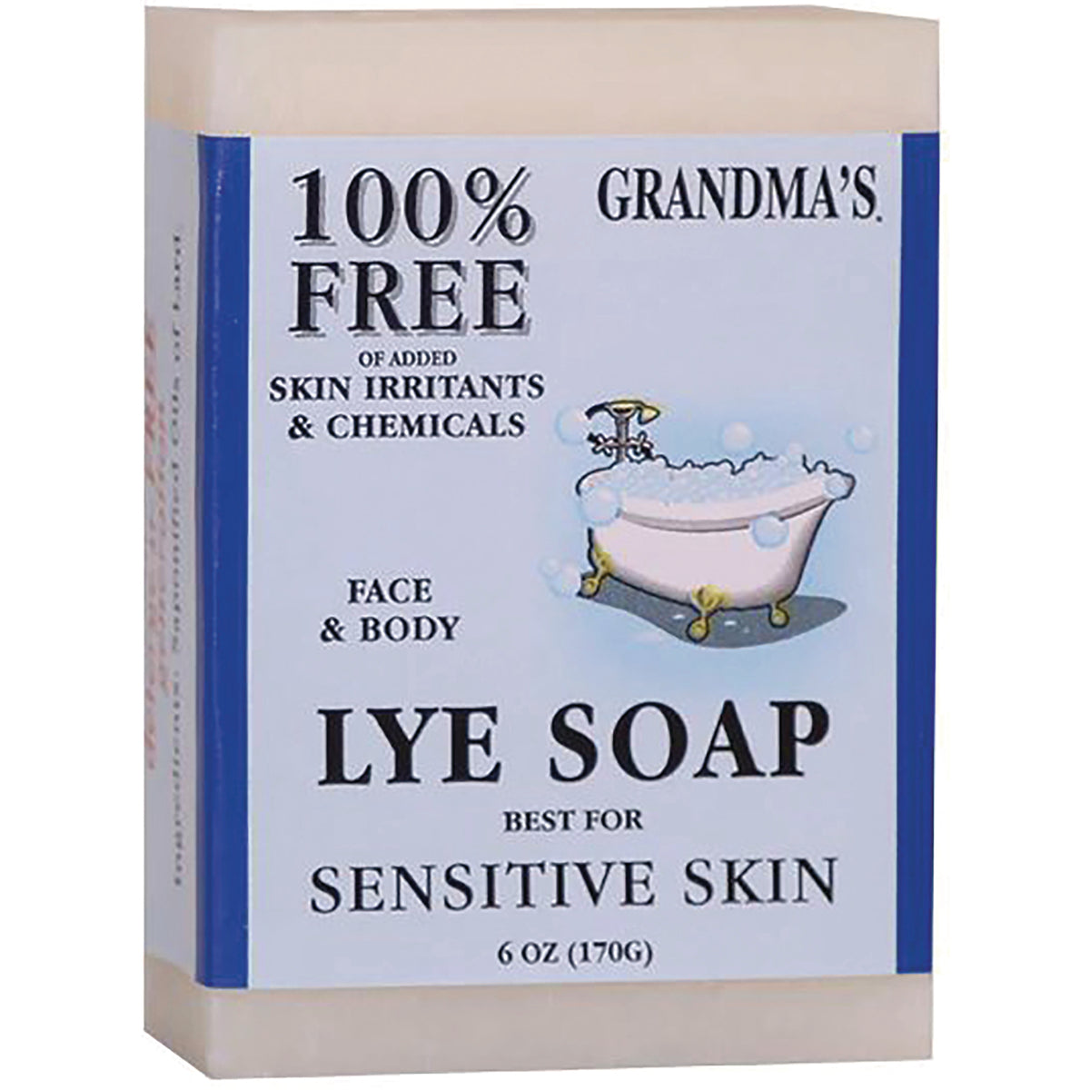 RPC009 | front of LYE SOAP box labeled Grandma's 100% free face & body 6 oz (170g) sensitive skin with bathtub illustration