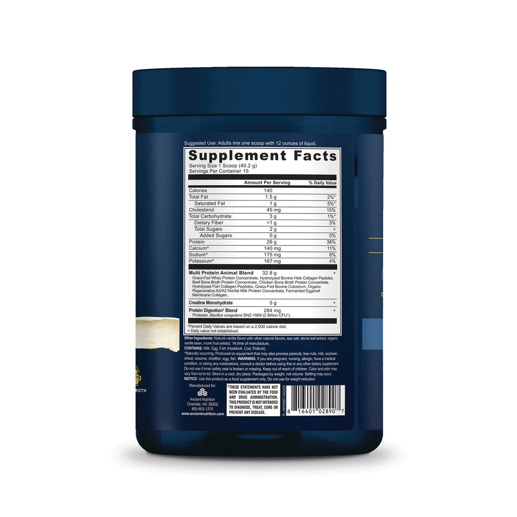 ATN153 | Supplement Facts panel on a dark blue Ancient Nutrition protein powder container - Thumbnail