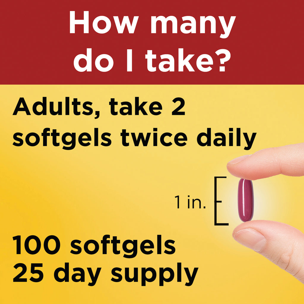 NTM162 | Fingers holding maroon softgel beside text Adults, take 2 softgels twice daily, 1 in size and 100 softgels 25 day supply - Thumbnail