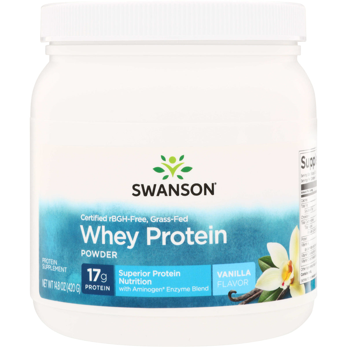 SWU477 | Swanson Whey Protein Powder Vanilla, 17 g protein, rBGH-free grass-fed, 14.8 oz