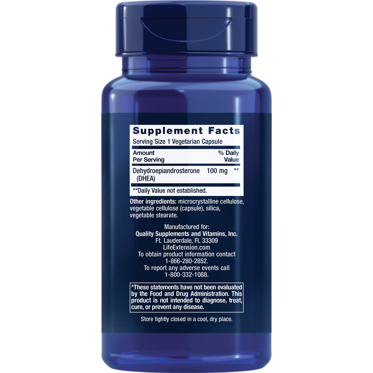 LE324 | Back label of blue supplement bottle showing Supplement Facts with DHEA 100 mg and ingredients