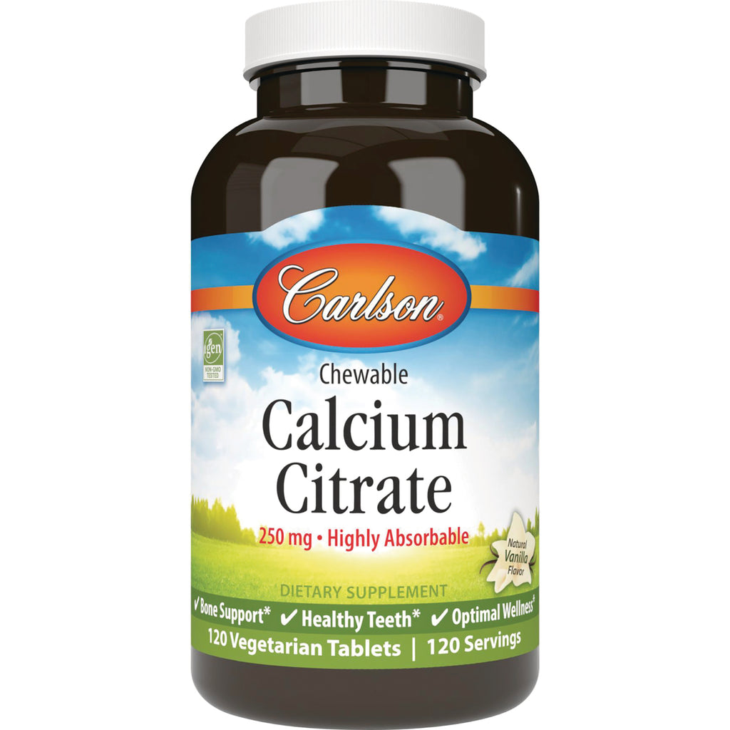 Carlson chewable Calcium Citrate 250 mg dietary supplement bottle, 120 vegetarian tablets, natural vanilla flavor - Thumbnail