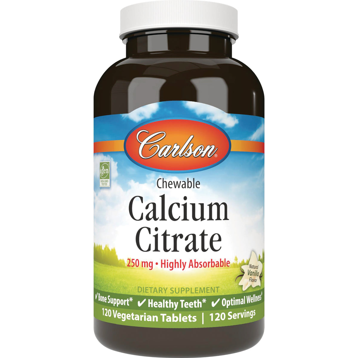 Carlson chewable Calcium Citrate 250 mg dietary supplement bottle, 120 vegetarian tablets, natural vanilla flavor
