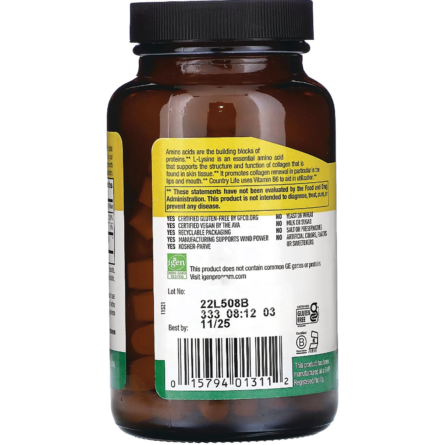 CRL078 | Brown supplement bottle back with barcode, lot no 22L508B and best by 11/25